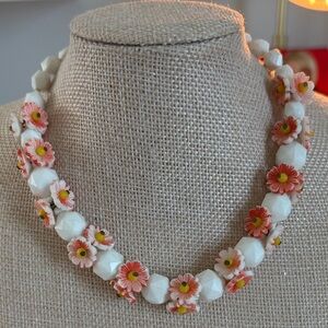 Western Germany White & Pink Beaded Choker acrylic w/ peach floral accents 5”3ex